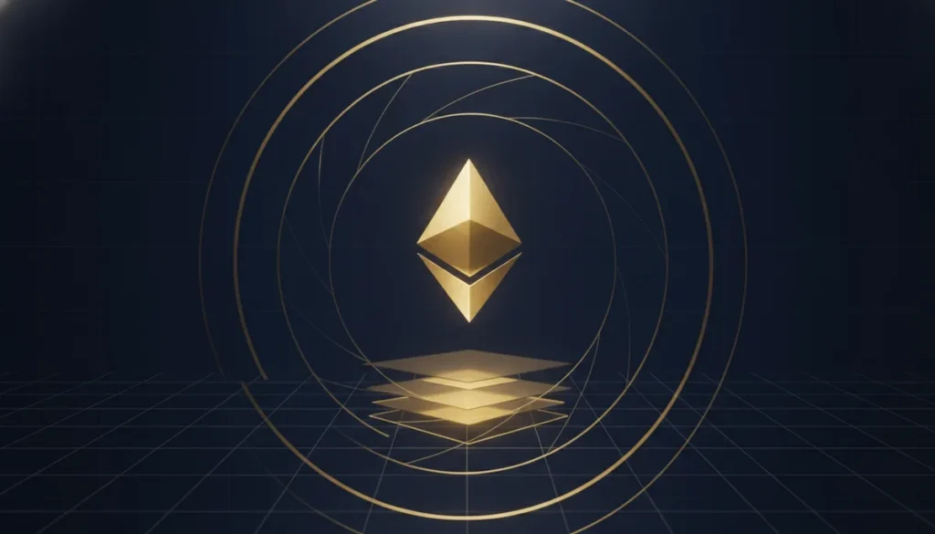 Ethereum Layer-2 Networks — roo2ya, midnight-navy and gilt-gold aperture illustration